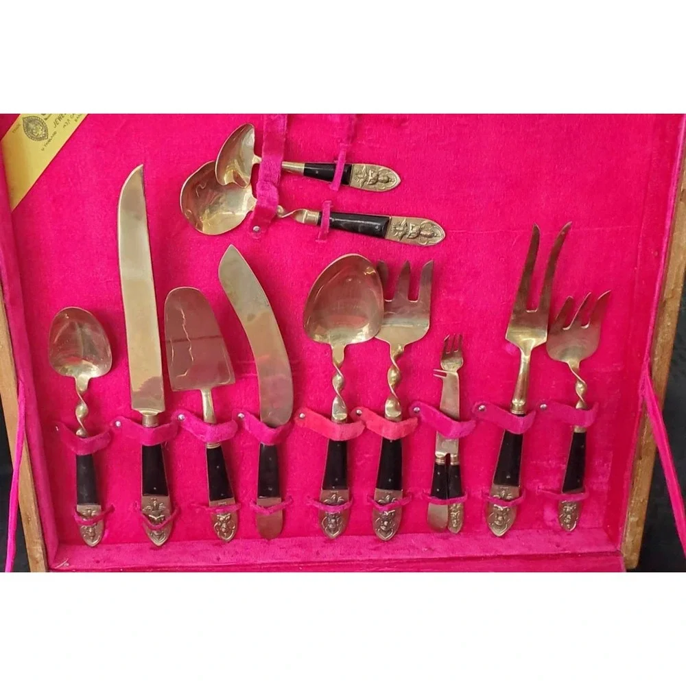 Vintage Urai Thailand Bronze Rosewood Flatware Set Siam MCM 100+ Pieces Boxed
